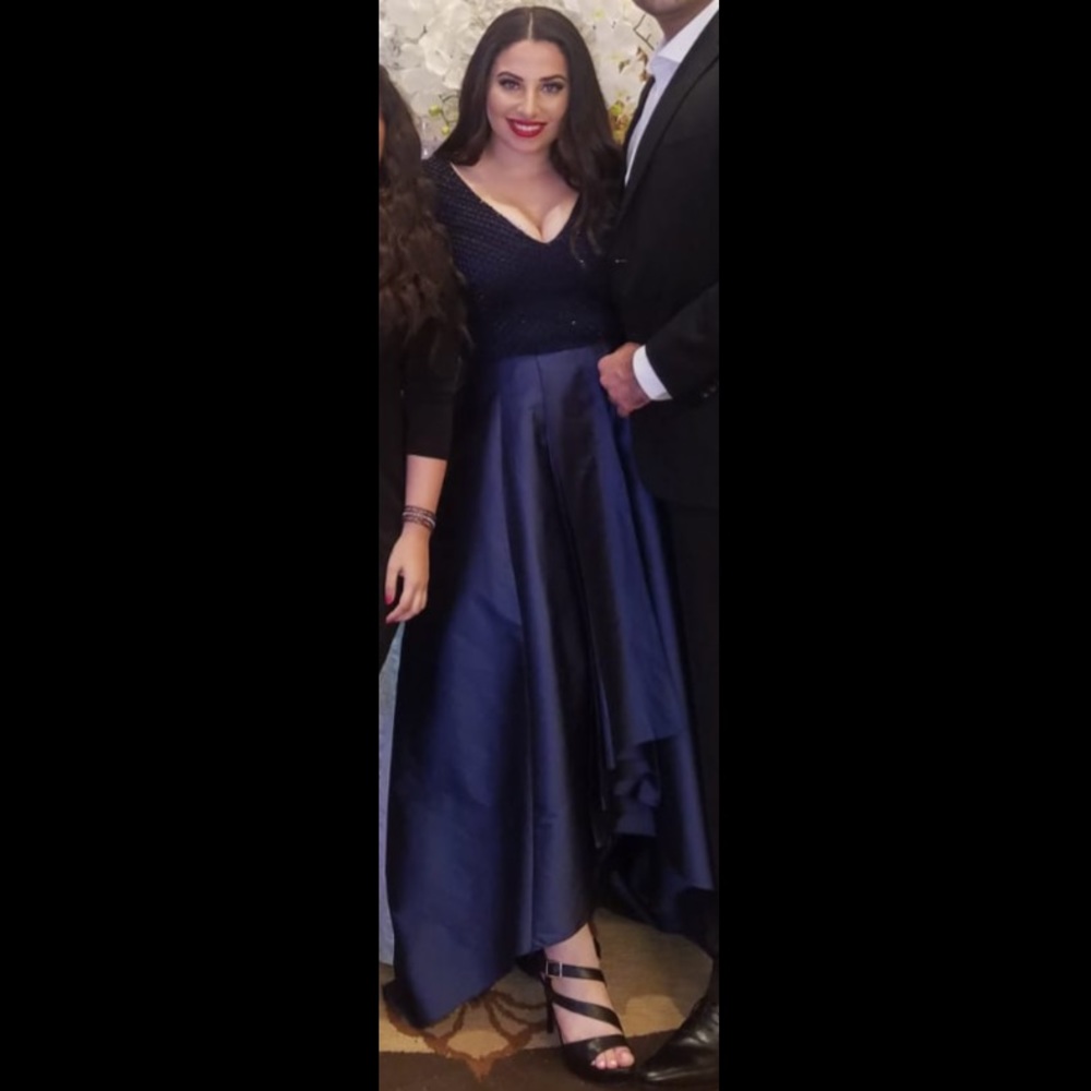 Navy Blue High Low Gown W/ beading on top Adrianna papel